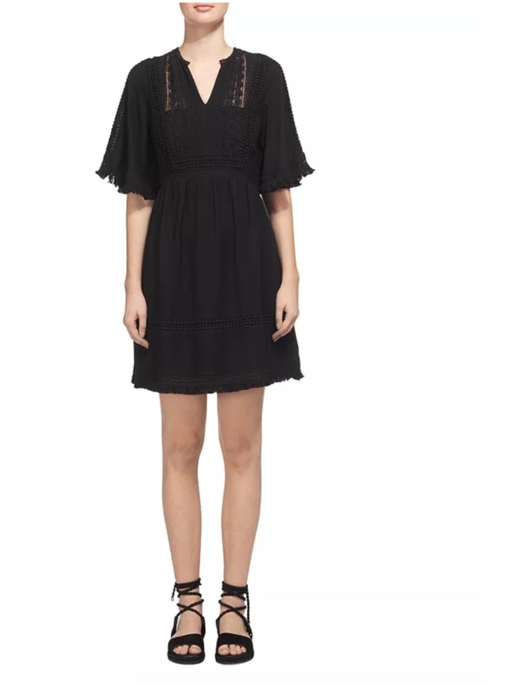 Whistles Black Crochet-Trim Mini Dress with V-Neck